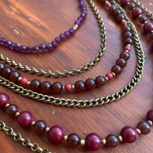 Vintage 6 Strand Purple Burgundy Beaded & Bronze Chain Layered Boho Style